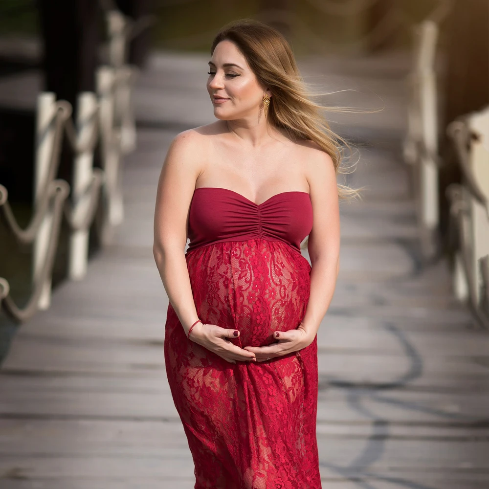 Sleeveless Maternity Dress for Photo Shoot - Maternity Gown with Lace Detailing, Split Front - Maternity Photography Props image 3