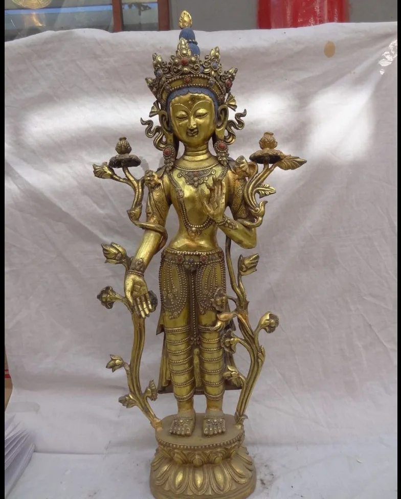 

Free Shipping hui88K825<<<29" Tibet Bronze Buddhist Stand Lotus Green Tara Goddess Kwan-Yin Statue