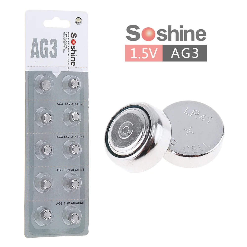

Soshine 10pcs 1.5V High Energy AG3 Button Cell LR44 Alkaline for Watch / Toy / Calculator