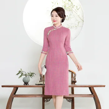 

Sping Autumn New Half Sleeve Cotton Qipao Plus Size XXXL Elegant Female Plaid Dress Vintage Mandarin Collar Cheongsam Vestidos