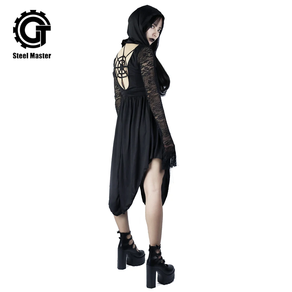 

Punk Lace Sleeve New Irregular Hem Black Dress Female Back Spider Web Hollow Hooded Dress