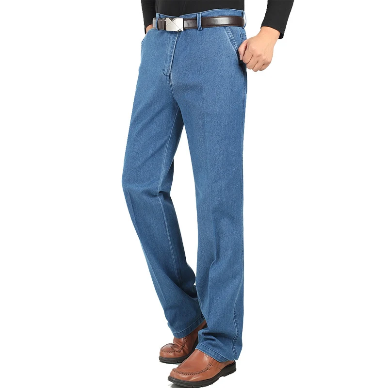 Летние тонкие джинсы для людей среднего возраста, повседневные, с высокой талией, свободные, длинные, джинсовые штаны, мужские, однотонные, деловые, повседневные, прямые джинсы для мужчин - Цвет: Light blue
