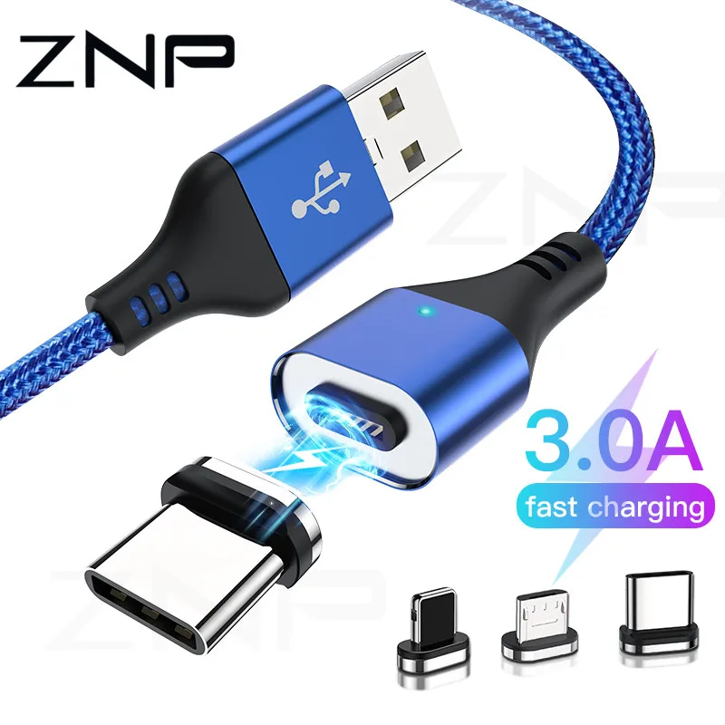 ZNP كابل مغناطيسي المصغّر usb نوع C كابل ل فون الإضاءة 1 M 3A سريع شحن سلك نوع-C المغناطيس شاحن الهاتف كابل
