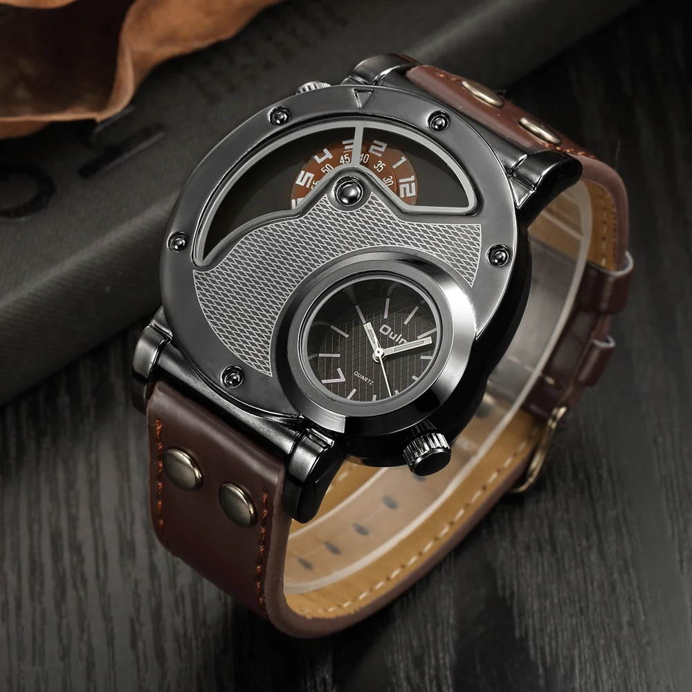 Oulm Two Time Zone Sports Wristwatch Military Army Men's Casual PU Leather Strap Antique Designer Q