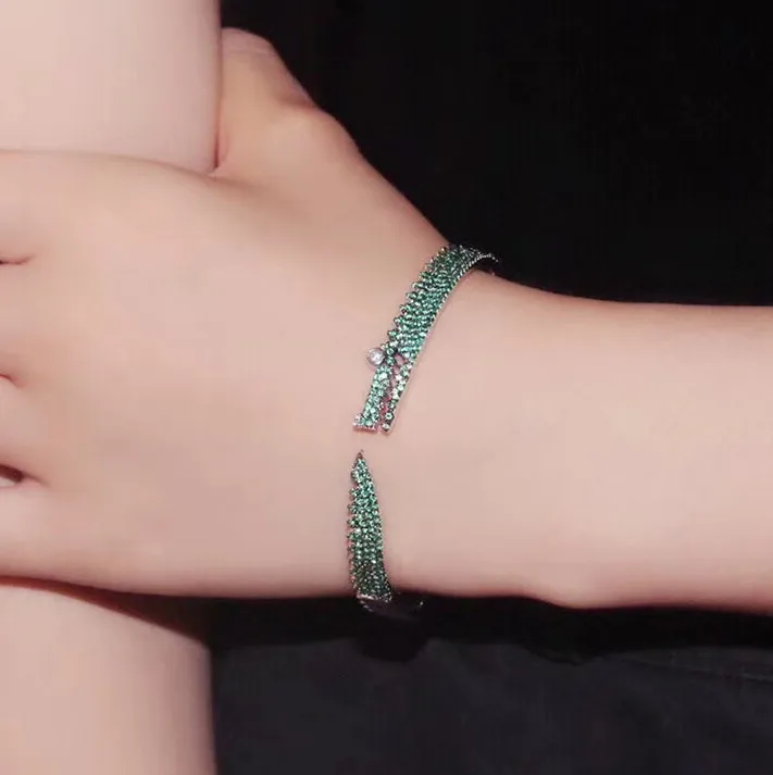 

Brand Fashion 925 Sterling Silver Crocodile Cuff Bangle Green Full of zircons Animal Adjustable Opening Bracelet Women Jewelry