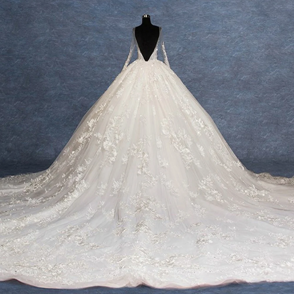 Роскошное роскошное бальное платье с длинным рукавом и открытой спиной, свадебное платье с часовенным шлейфом