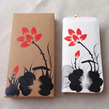 

Chinese Ink Hand Painting Lotus Women's Canvas Wallets Zipper Ladies Linen Vertical Purse Notecase Portemonnee Billetera Mujer