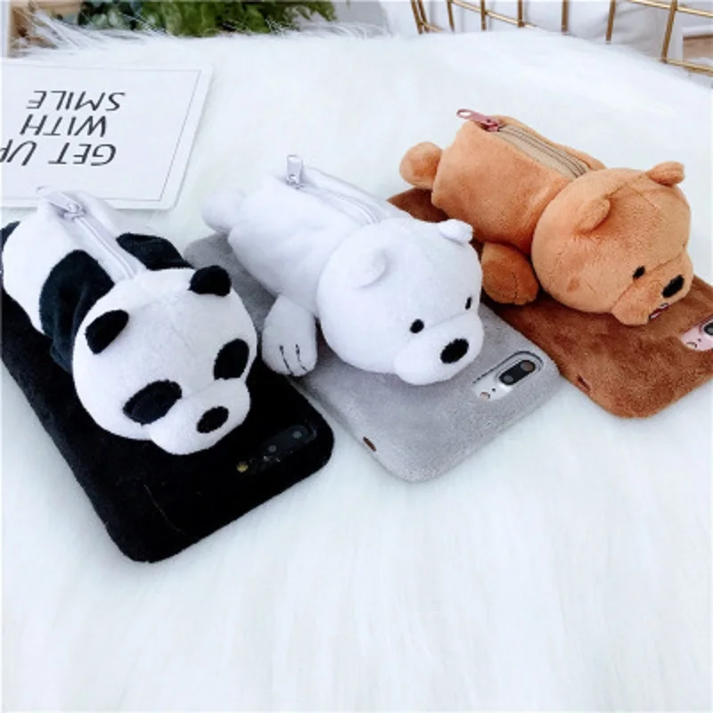 

Draw Original Fluffy Cute Coin Purse Bear Plush TPU Phone Case for iPhone X 6 6s 8 Plus Soft Case For iPhone 7 Plus Back Shell