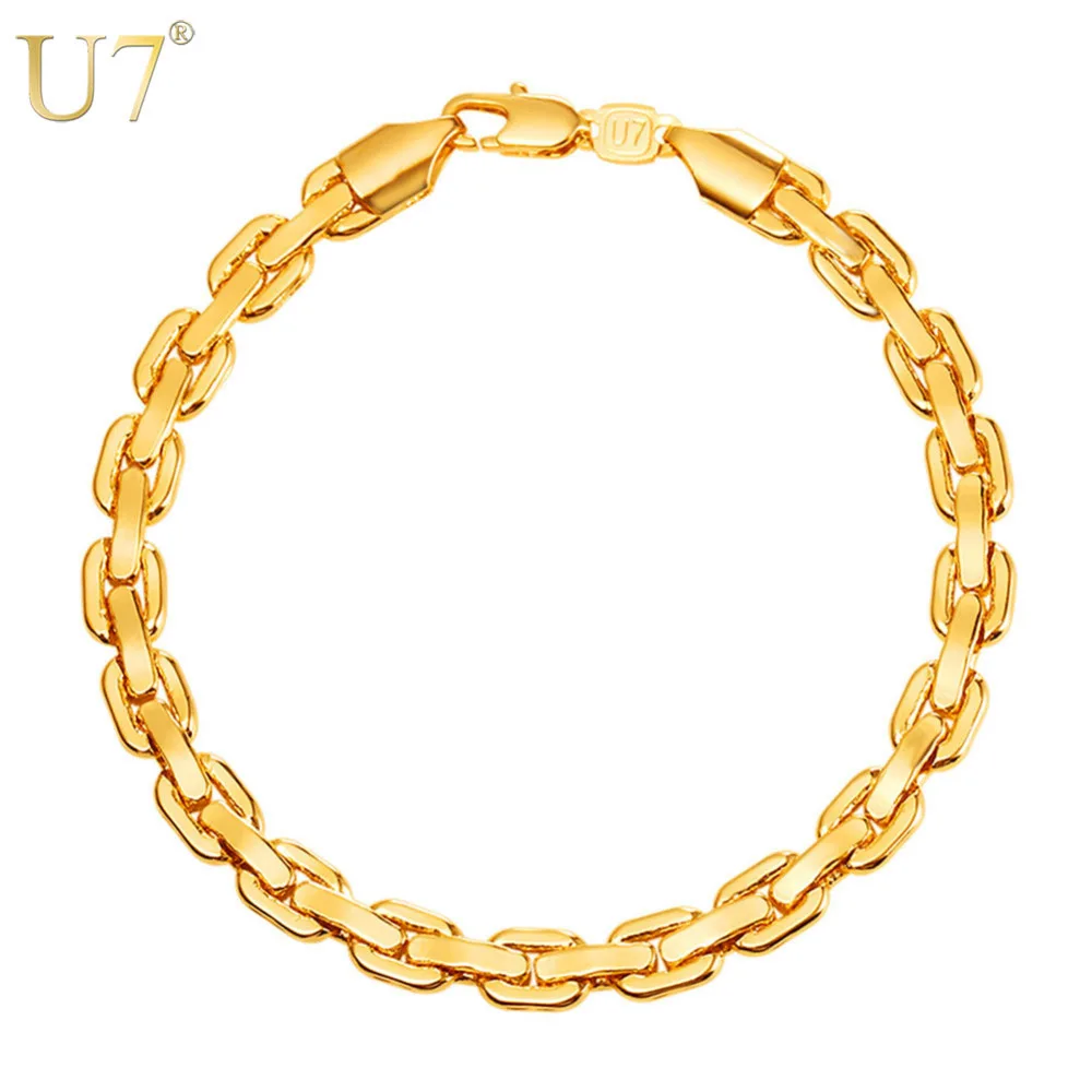 U7 Hip Hop Cable Link Chain Bracelet Men Jewelry Gift 21cm 6mm Gold