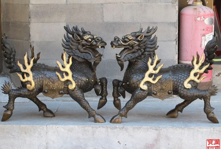 

009160 15"China Bronze copper Statue Fire Cloud evil spirits Dragon Kirin Kylin Pair