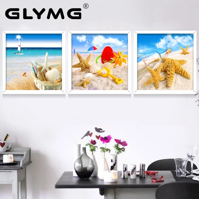 GLymg Diy Shaped Diamond Embroidery Round Drill Diamond Painting Cross Stitch Seaside Scenery Starfish Shells Beach Home Decor