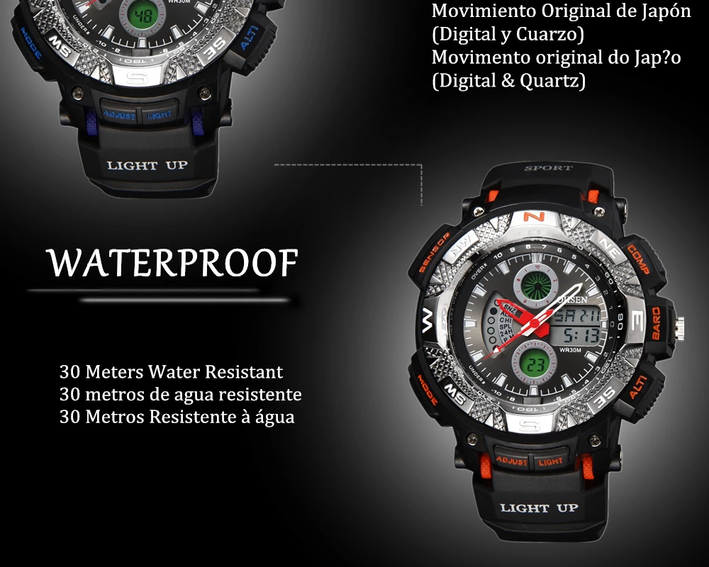 OHSEN мужские спортивные часы двухъядерный кварцевые цифровые часы для мужчин будильник День Хронограф дат водонепроницаемые мужские военные наручные часы