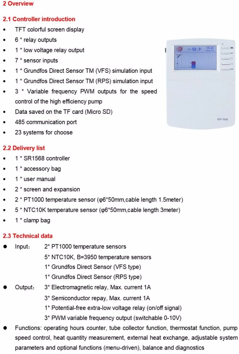 Контроллер SR1568 Отдельно солнечный система нагрева воды, 7 Датчики, 23 применение системы 110~ 240 В