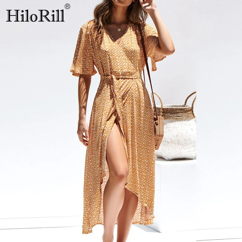 Женское длинное платье HiloRill Boho, летнее пляжное платье с принтом, с v образным вырезом и высоким разрезом, вечерние платья на каждый день, 2020|Платья| | АлиЭкспресс