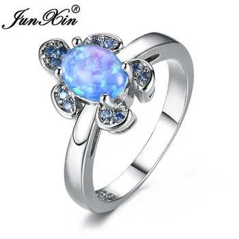

JUNXIN Silver Color Animal Turtle Rings For Women Oval Rainbow Blue Fire Opal Ring Female Zircon Wedding Jewelry