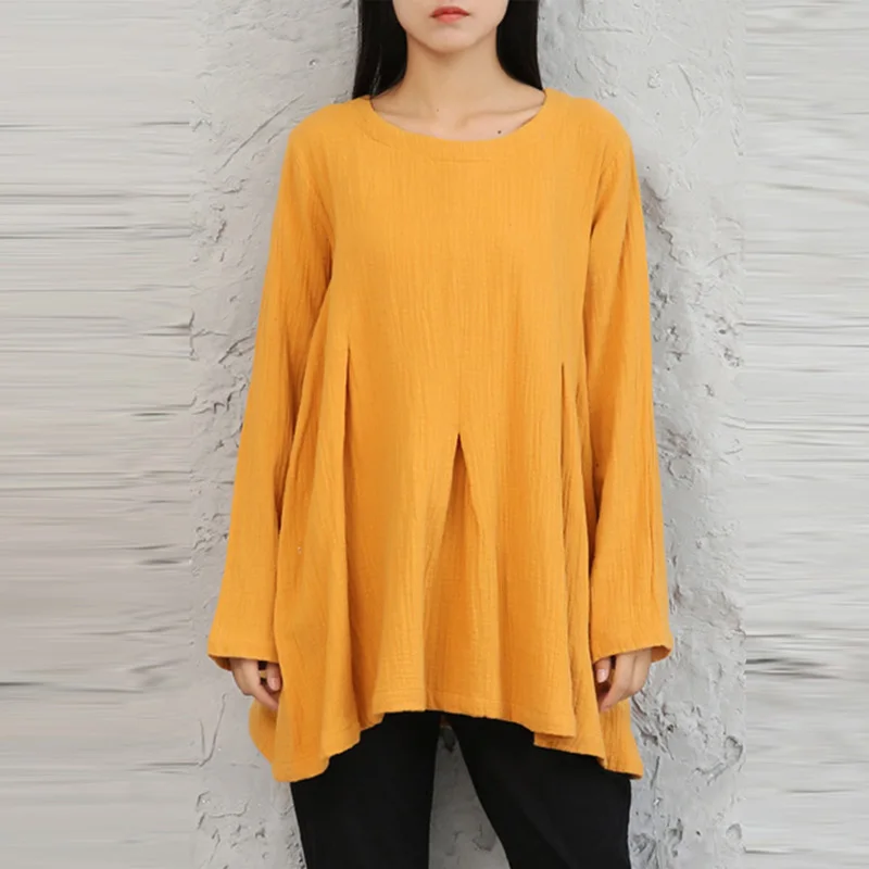 

5XL ZANZEA Women Pleated O Neck Long Sleeve Cotton Linen Spring Blouse Solid Long Shirt Work Basic Top Plus Size Baggy Pullover