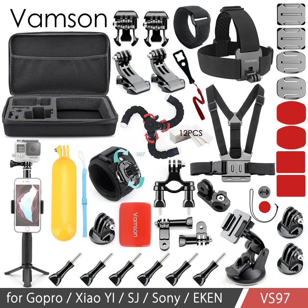 

Vamson Action Camera Accessories Kit Set for yi 4 K for Gopro hero7 6 4 5 Chest Clamp Hand Mount Large Bag VS97
