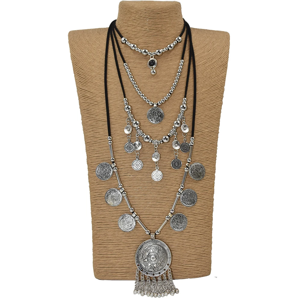 2017 new Heavy metal Statement Gypsy Ethnic Vintage Antique Silver beads tassel pendants long Maxi Necklace Chains Necklace