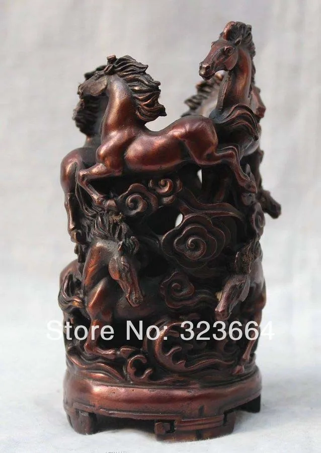 

China Chinese Fengshui Pure Bronze Eight 8 Horse Statue Brush Pot Pencil Vase