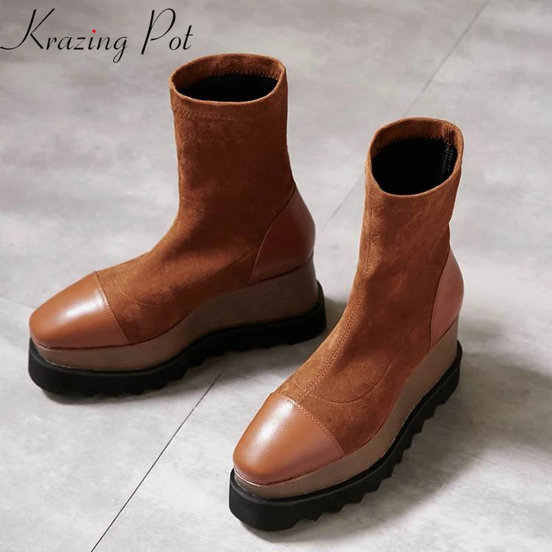 

Krazing Pot new flannel square toe slip on fashion runway cow leather wedges Autumn Spring lazy style mid-calf stretch boots L82