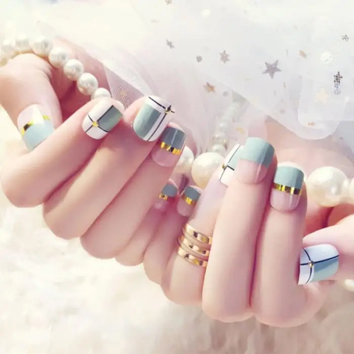 Накладные ногти для девушек с клеем, прозрачный зеленый, карамельный цвет, полное покрытие, женская мода, решетки, сетки, дизайны, накладные ногти, Короткие кончики для дизайна ногтей