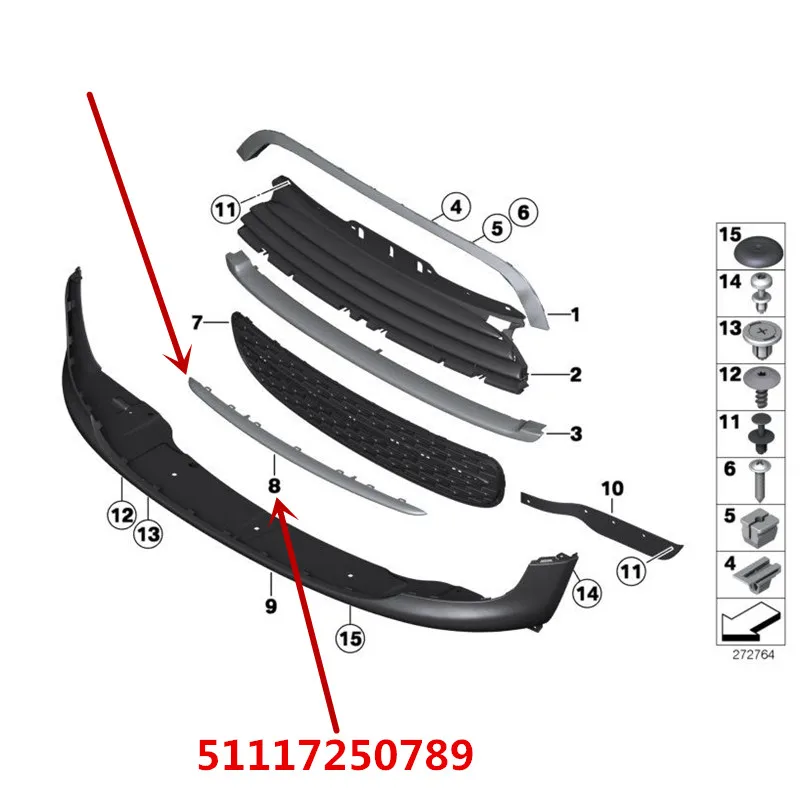 

51117250789 Car Front bumper middle mesh trim 1.6Lb mw2011-2014 mini F55 F56 F57 R55 R56 Front bumper trim fender Bottom plate