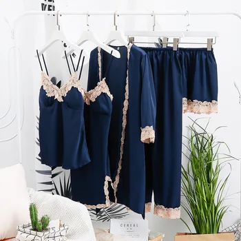 

Fashion 5 Pieces Pajamas For Women Sexy Lace Pajamas Set Home Service Nightdress +Long Pants Female Nightwear Satin Silk Clothes