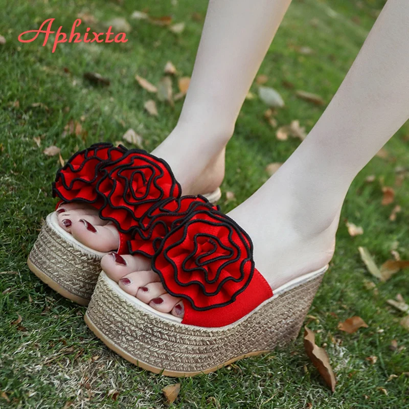 Tanie Aphixta 9cm platformy kapcie na platformie kobiet buty Clog Riband Rose kwiaty sandały dziewczyny Flip Flop slajdy Pantoufle Femme
