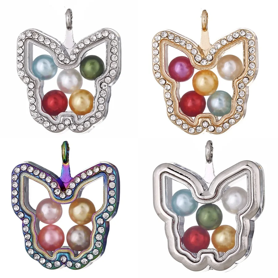 

3colors Butterfly Living Memory Floating Locket Pendant Glass Locket Family Geometry Locket Pearl Cage Rhinestone Pendant