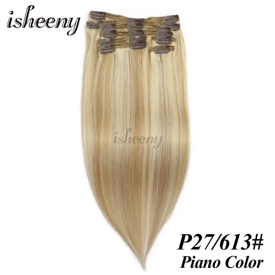 Isheeny Remy(Реми), накладные волосы для наращивания 8 шт./компл. бесшовные натуральные человеческие волосы для наращивания на заколках, на всю голову, бразильский Однотонная одежда волосы на заколках - Цвет: P27/613 #