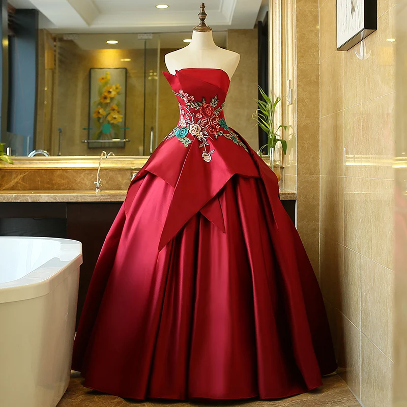 

100%real wine red flower embroidery waist court theme medieval dress Renaissance ball gown Sissi princess Victoria/ Belle Ball