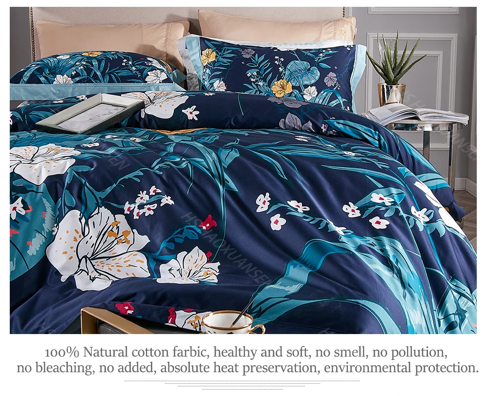 High Density 100S Bedding Sets Navy Blue Plant 3D Flower Printed 4pcs Bed Linen Set Cotton Double Bedsheet Set Queen King Size