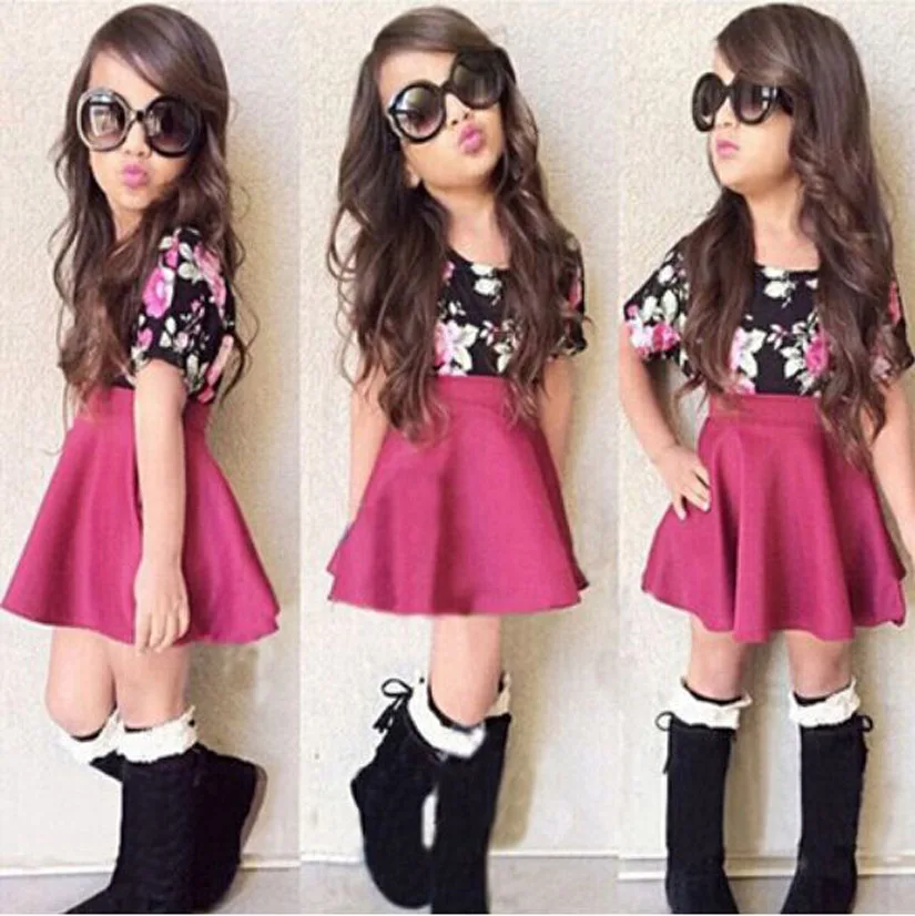 hot sell Drop ship Kid Clothes Girls Cotton 2 Piece/Set Children Clothing Set Girls Black Flower  YAZ020
