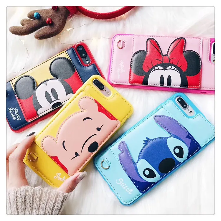 

New 3D Bracket Stitch Minnie Mickey Wallet leather cover case for iphone 6 S plus 7 7plus 8 8plus X Winnie Hold card phone cases
