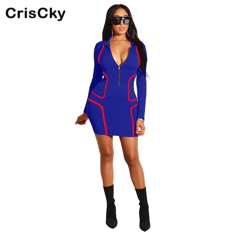 CRISCKY Summer Women Sexy Mini Dress Woman Sexy V-Neck Long Sleeve Striped Bodycon Dress Famale Casual Elegant Slim Party Dress 