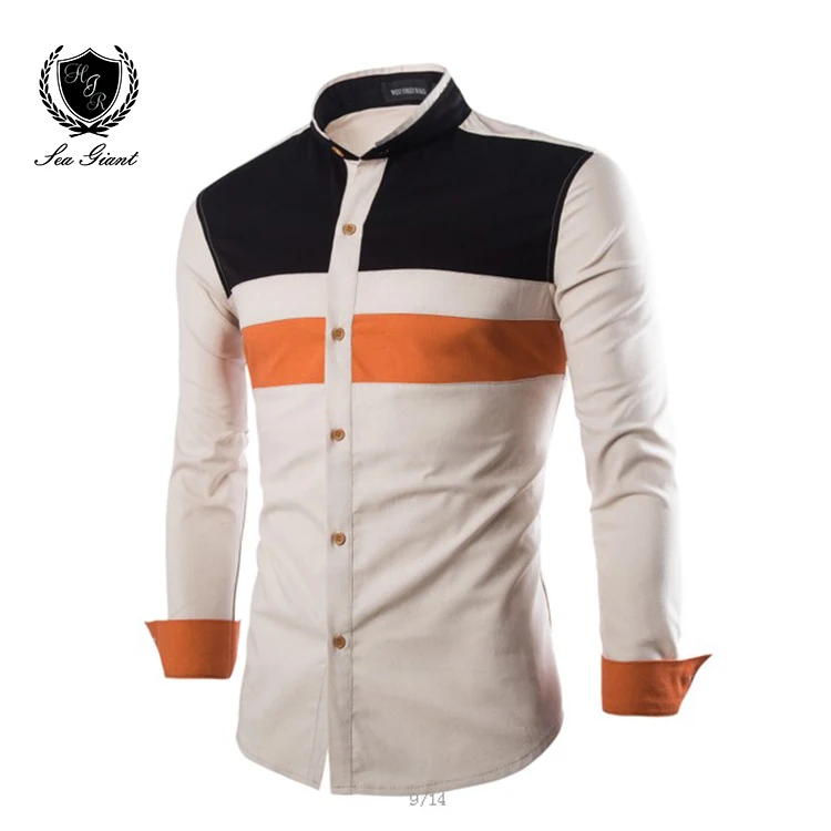 

Spring Winter New Brand Mens Shirt Long Sleeve Blue Patchwork Casual Stand Collar Slim Fit Male Social Shirt Man Bottoming Shirt