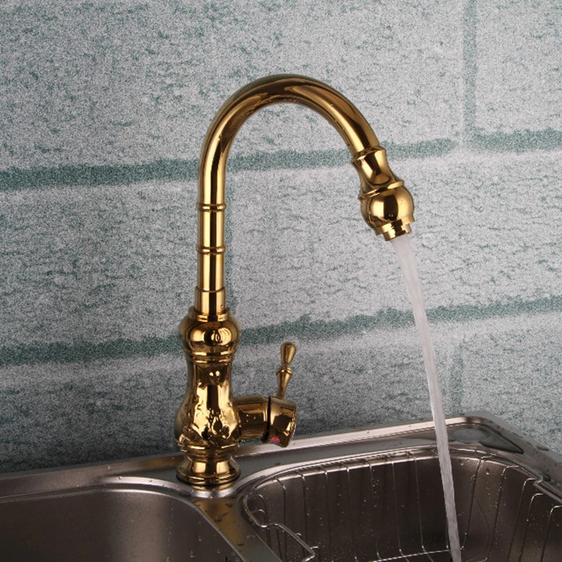 Golden Brass swivel kitchen Faucet. Gourd shaped long neck vessel kitchen water faucet. hot&cold