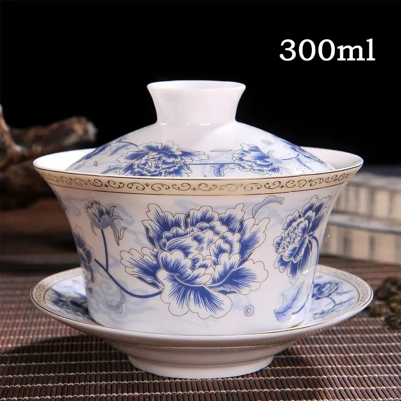 

Large Size Egg-shell Bone China GaiWan Jingdezhen Blue and White Porcelian Tea Bowl Tureen Ceramic Tea Cup and Saucer Set