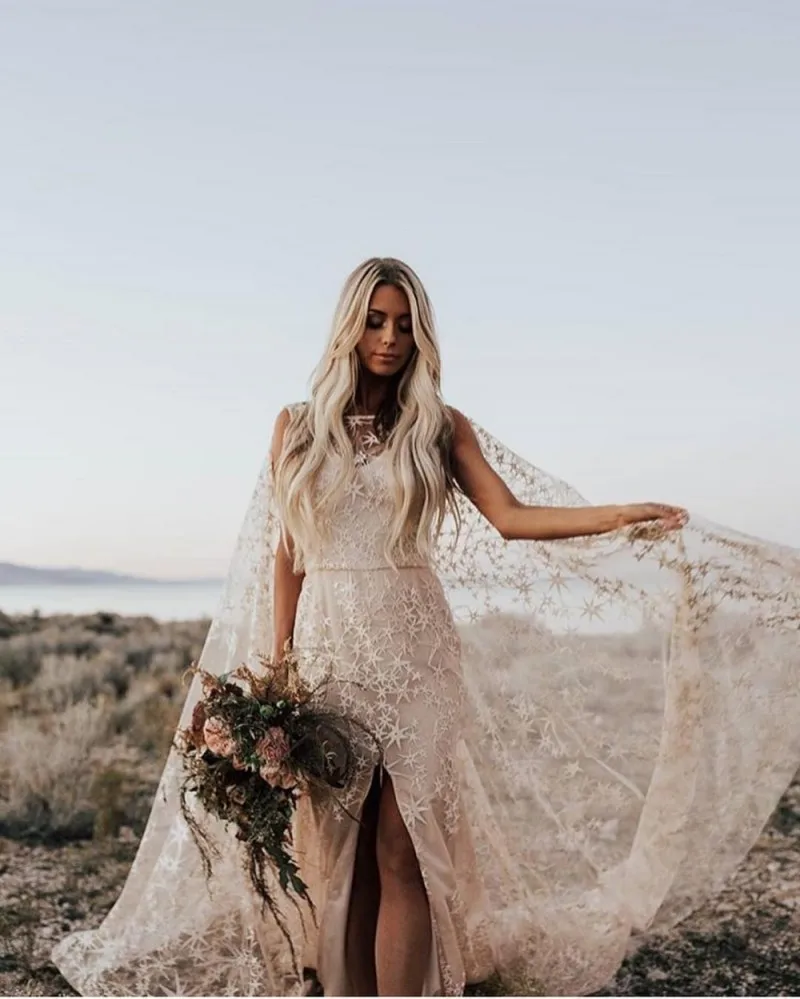 

Vintage Boho Beach Wedding Dress 2019 Star Lace Vestido De Noiva Sexy Backless Front split Lace shawl Bridal Gowns