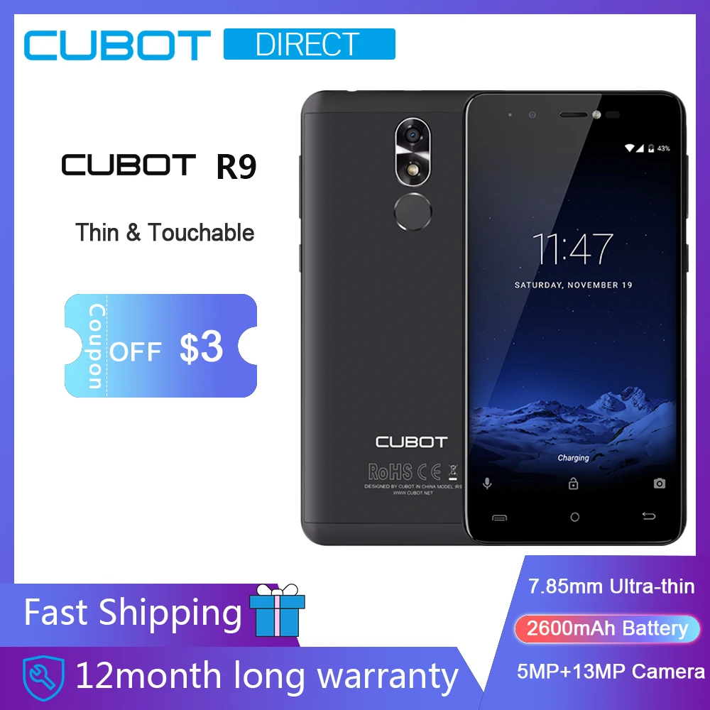 Cubot R9 мобильный телефон Android 7 0 Dual SIM карты 5 &quot Дисплей смартфон MT6580 Quad Core 2 Гб +16 13.0MP