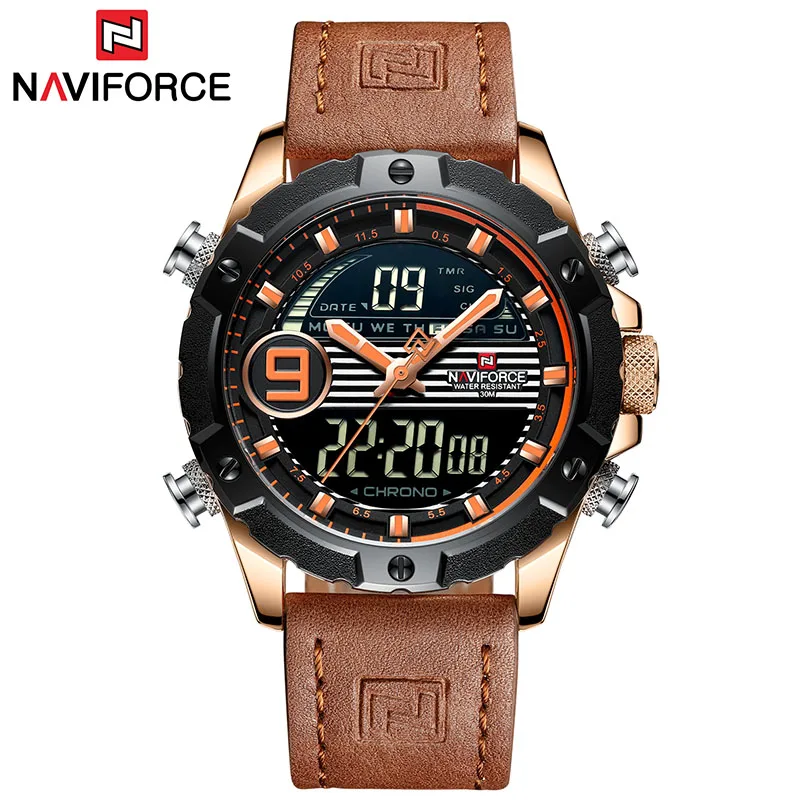 NAVIFORCE, люксовый бренд, мужские спортивные часы, мужские кварцевые, светодиодный, цифровые часы, мужские, военные, водонепроницаемые, кожаные часы, Relogio Masculino - Цвет: Rose Gold Orange