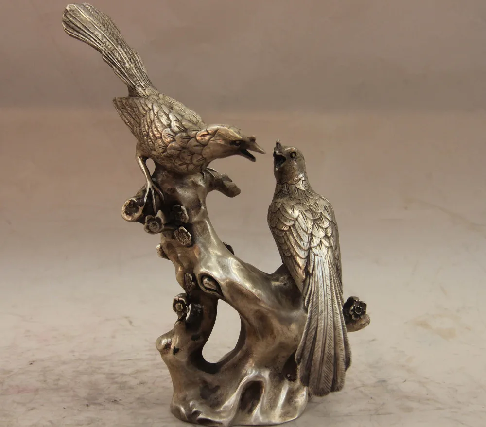 

China White Copper Silver Lucky Bird 2 Magpie Plum blossom Flower Art Statue
