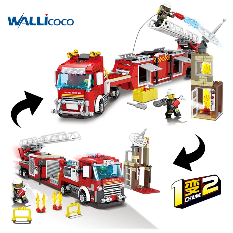 

Rescue Fire Fighting Truck Building Blocks Compatible LegoINGLs City Firemen Figures Playmobil Bricks Toys for Children