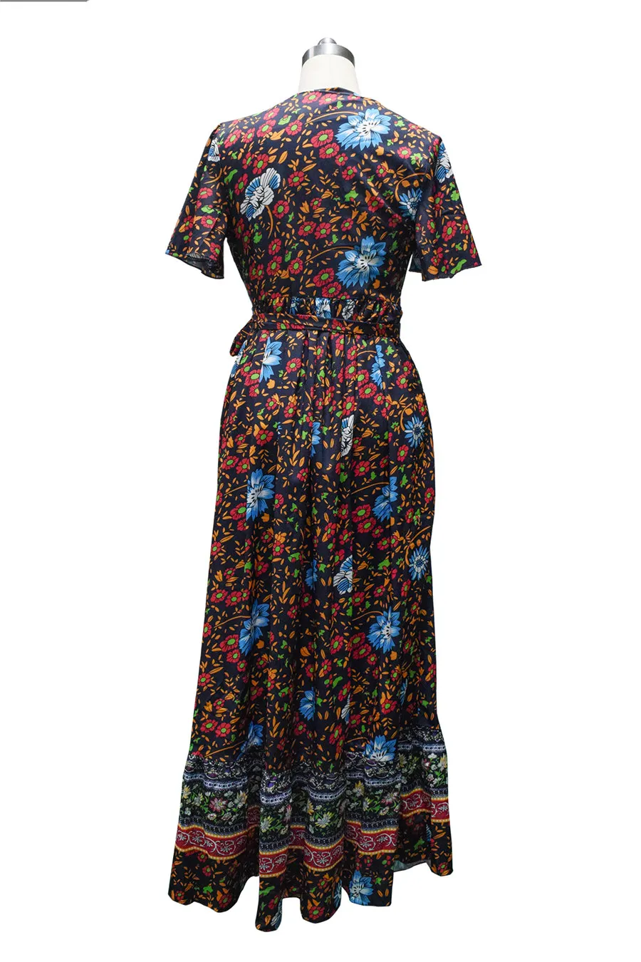 Gladiolus Bohemian Women Summer Dress Short Sleeve V Neck Floral Print Belt Tunic Split Sexy Beach Dresses Women 2019 Maxi Dress (14)