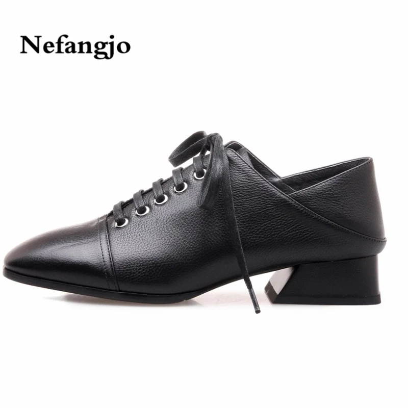 

Nefangjo 2018 new style leisre square heel autumn lace-up appointment squre toe shoes for women big size 34-42