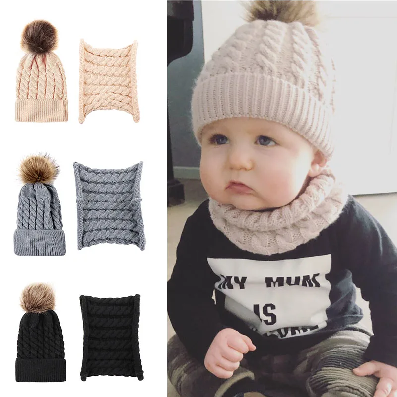 

2pcs/Set Kids Hat Scarf With Pompom Winter Warm Knitted Boys Girls Cap Beanie Bonnet Neck Warmer Chlidren Hat