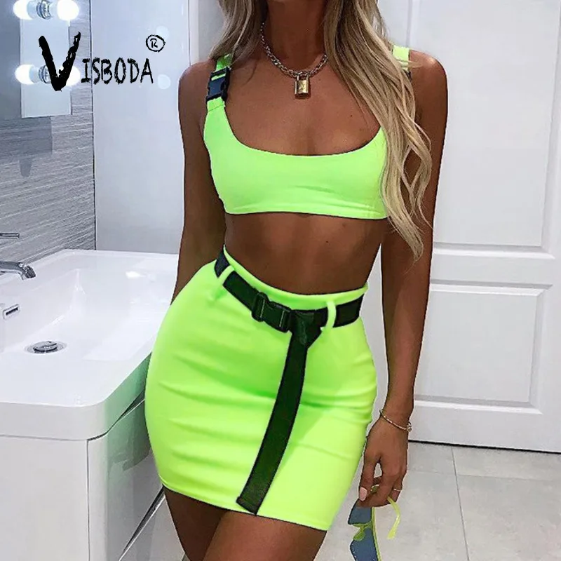 

Women 2 Pieces Sets Sexy Buckle Bralette Tank And Skirt With Belt 2019 Summer Ladies Neon Green Cropped Top Dress Suit Femme