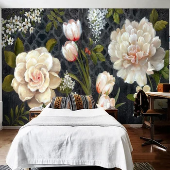 

European Style Retro Flowers Mural Wallpaper 3D Tulips Rose Peony Painting Fresco Living Room Bedroom Dining Room Backdrop Wall