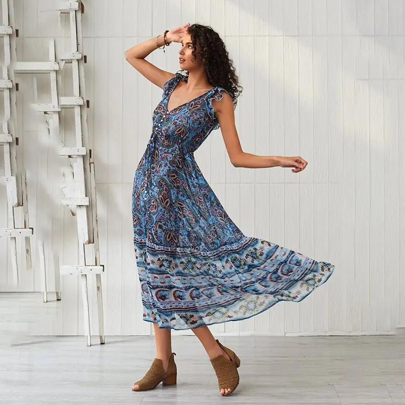 

Summer Floral Print Maxi Dress Women Boho Chic Sundress Sexy Backless V Neck Fashion Split Blue Travel Beach Long Dresses Female
