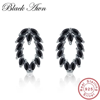 

[BLACK AWN] Vintage 925 Sterling Silver Jewelry Black Spinel Leaf Stud Earrings for Women I022